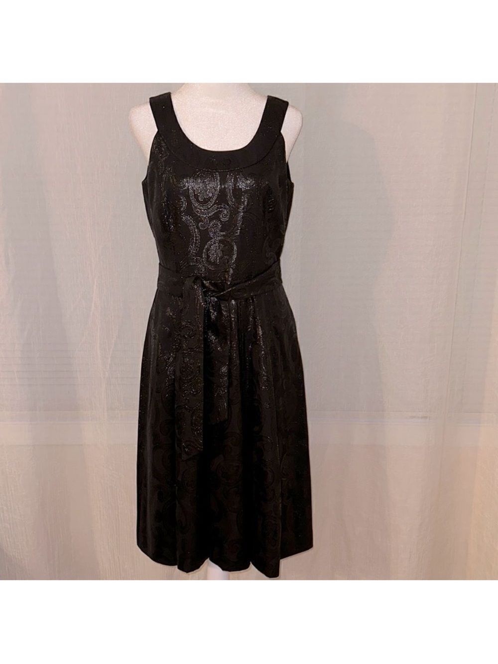 Calvin Klein 6 Shimmery Black Paisley Floral Sleeveless Back Zip A-Line Dresss